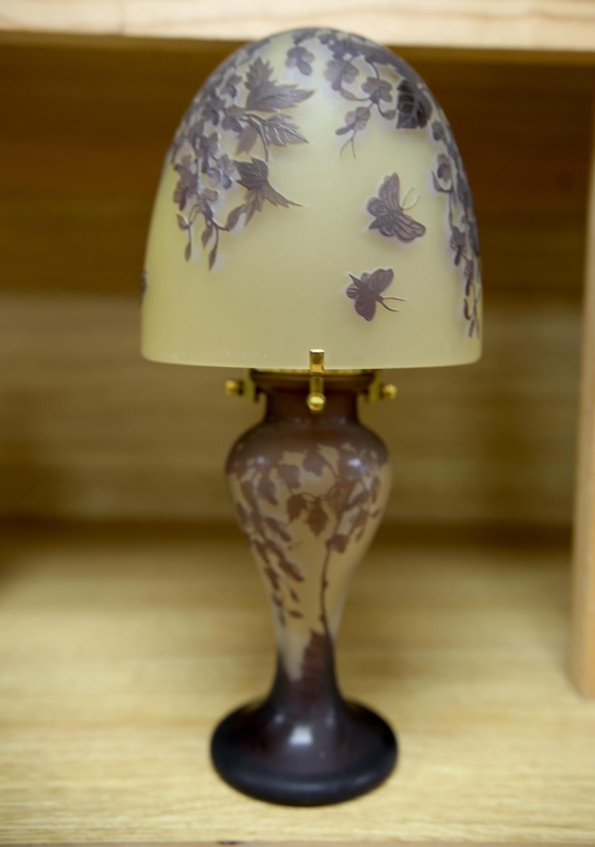 A Galle style cameo glass lamp and shade, 31cm. Condition - good, no electrical fittings or cables